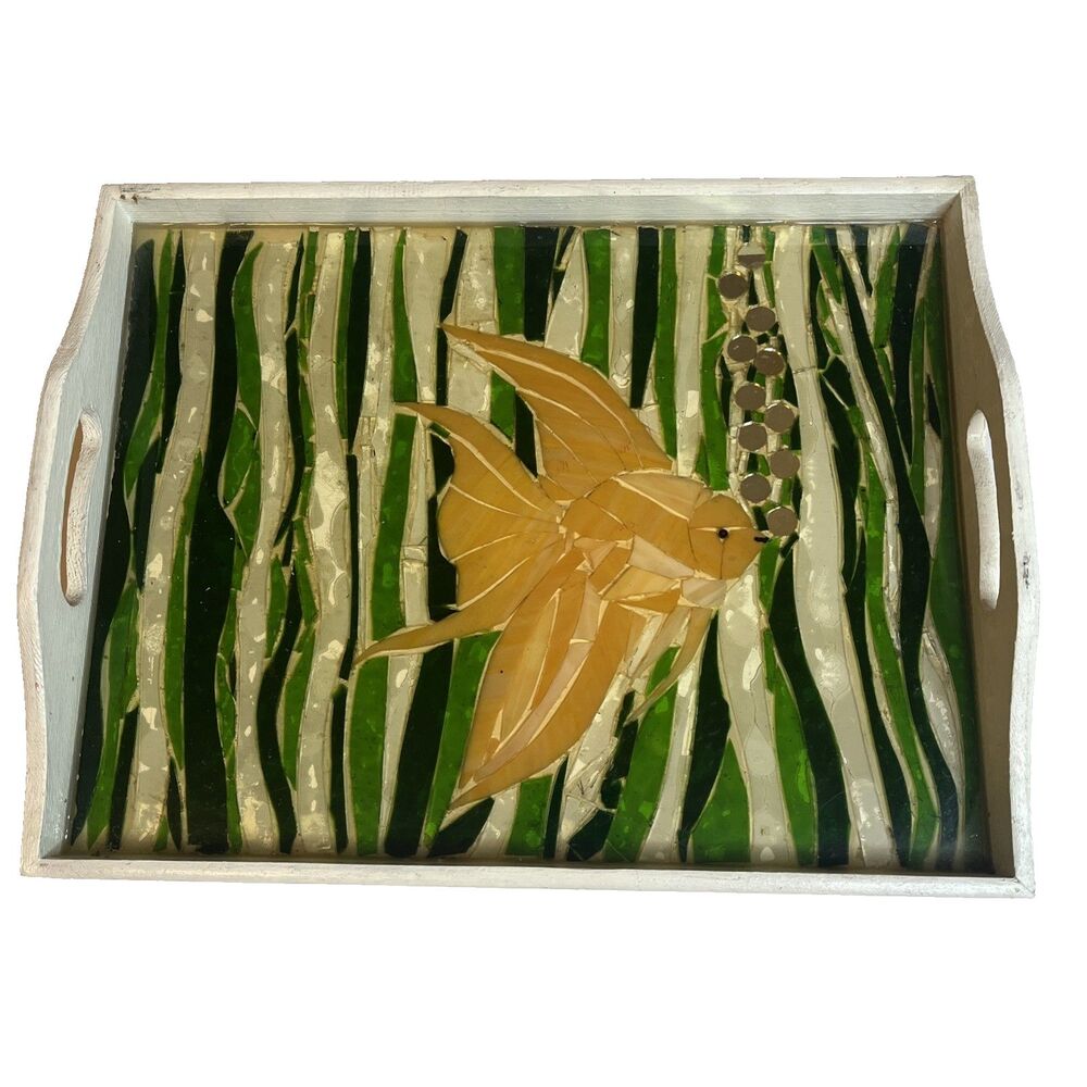 Nautical Tray Epoxy Resin Wood Goldfish Green White Mosaic Coastal Decor OOAK